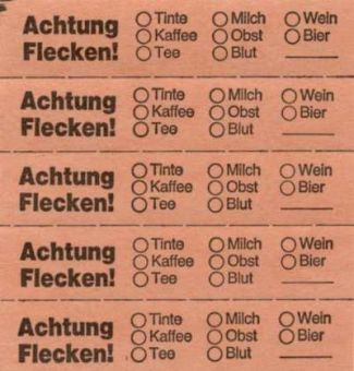 Marking tickets, orange, with text in German 