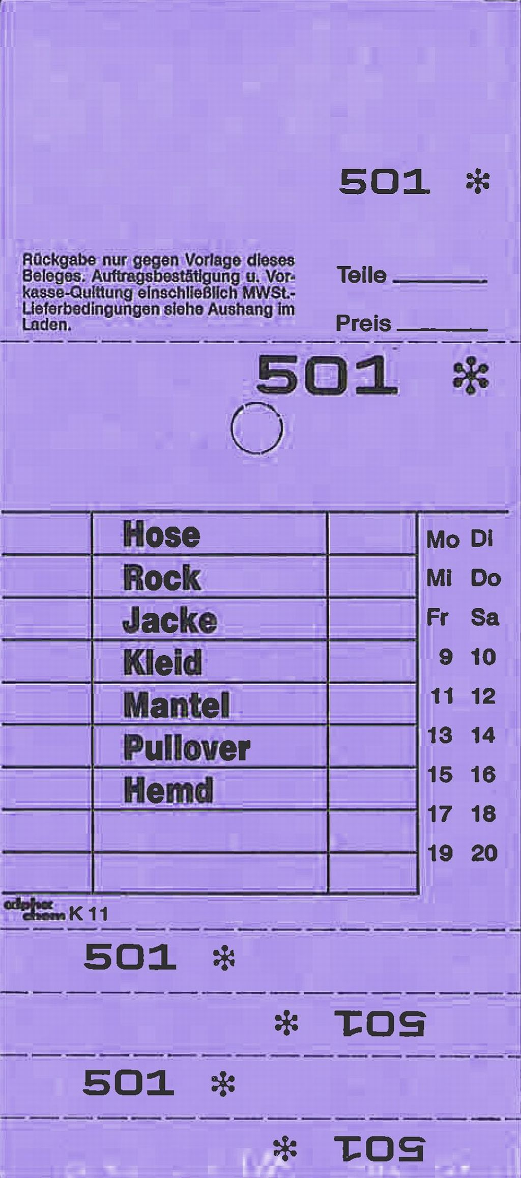 Annahmeblock Kombi 11, lila 