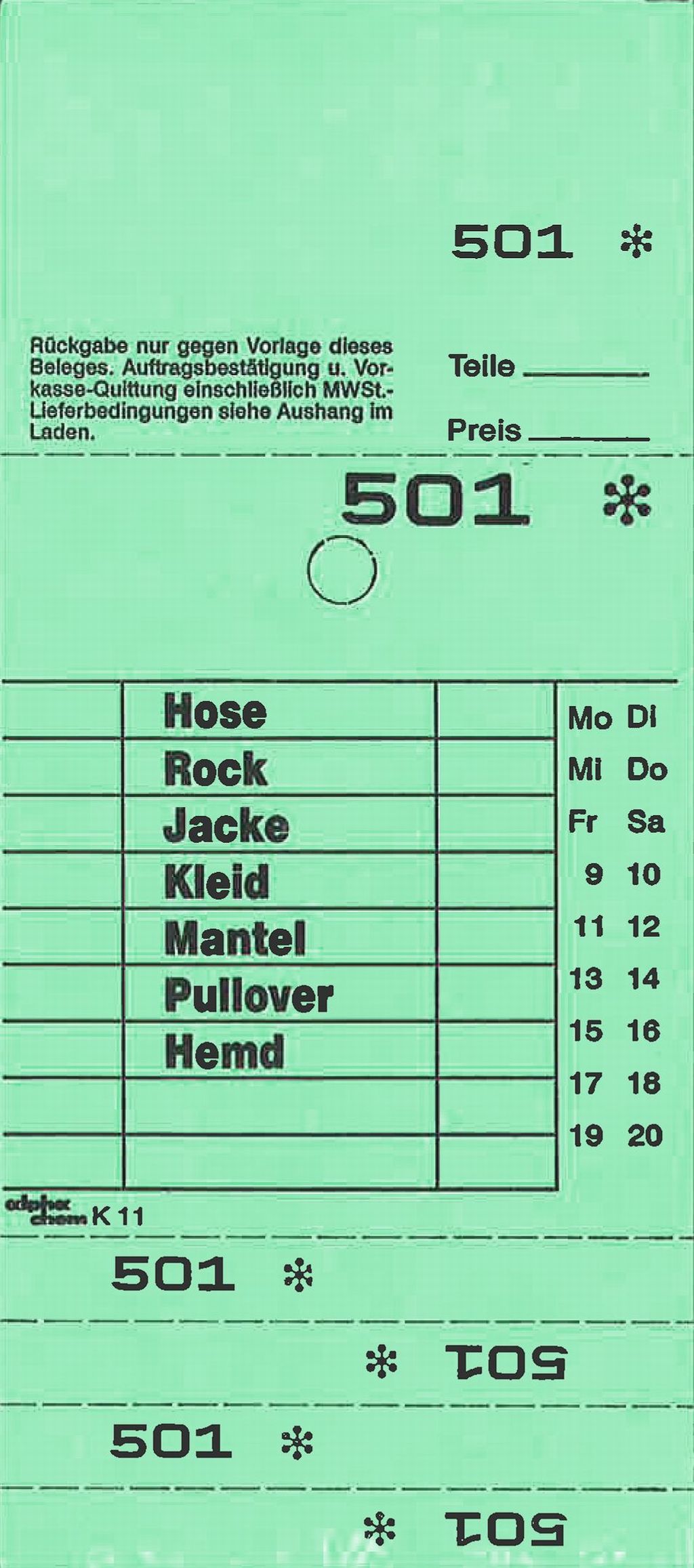 Annahmeblock Kombi 11, hellgrün 