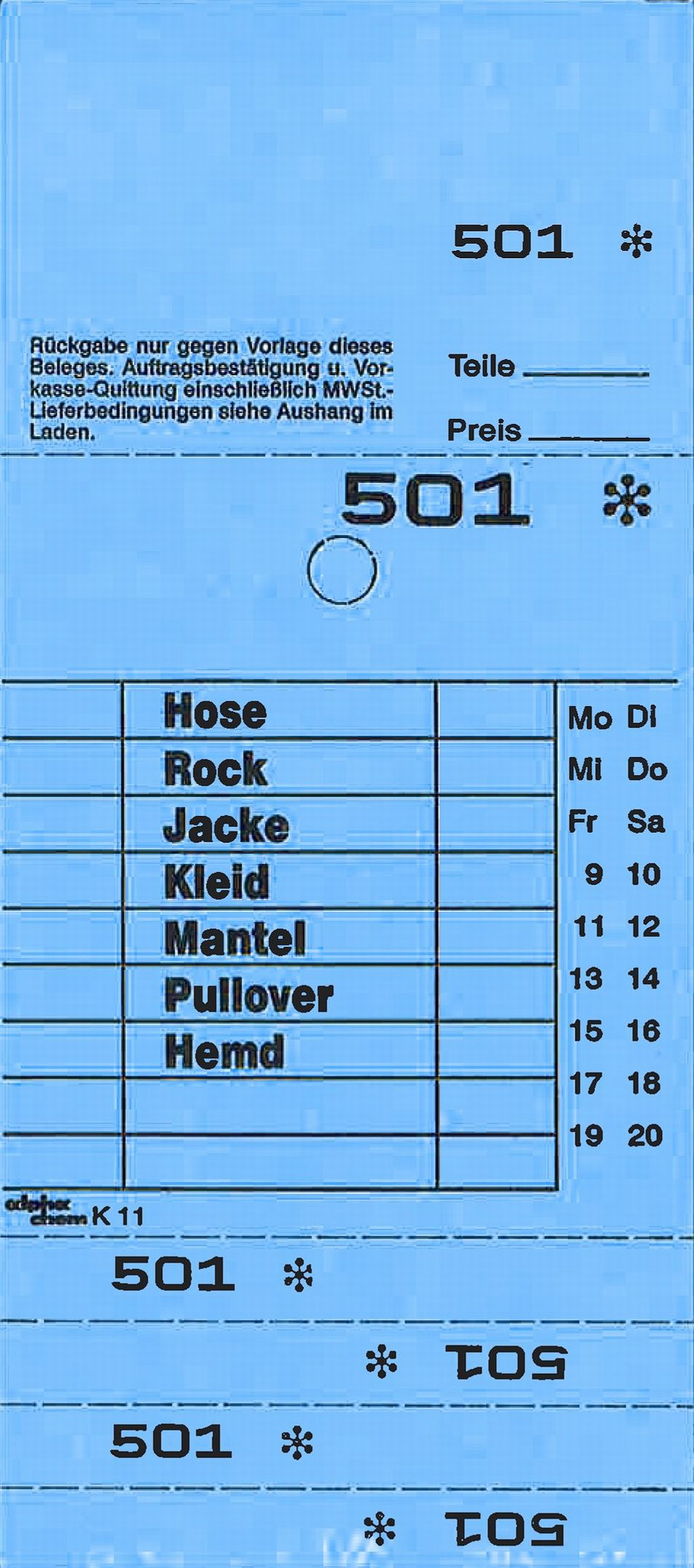 Annahmeblock Kombi 11, blau 