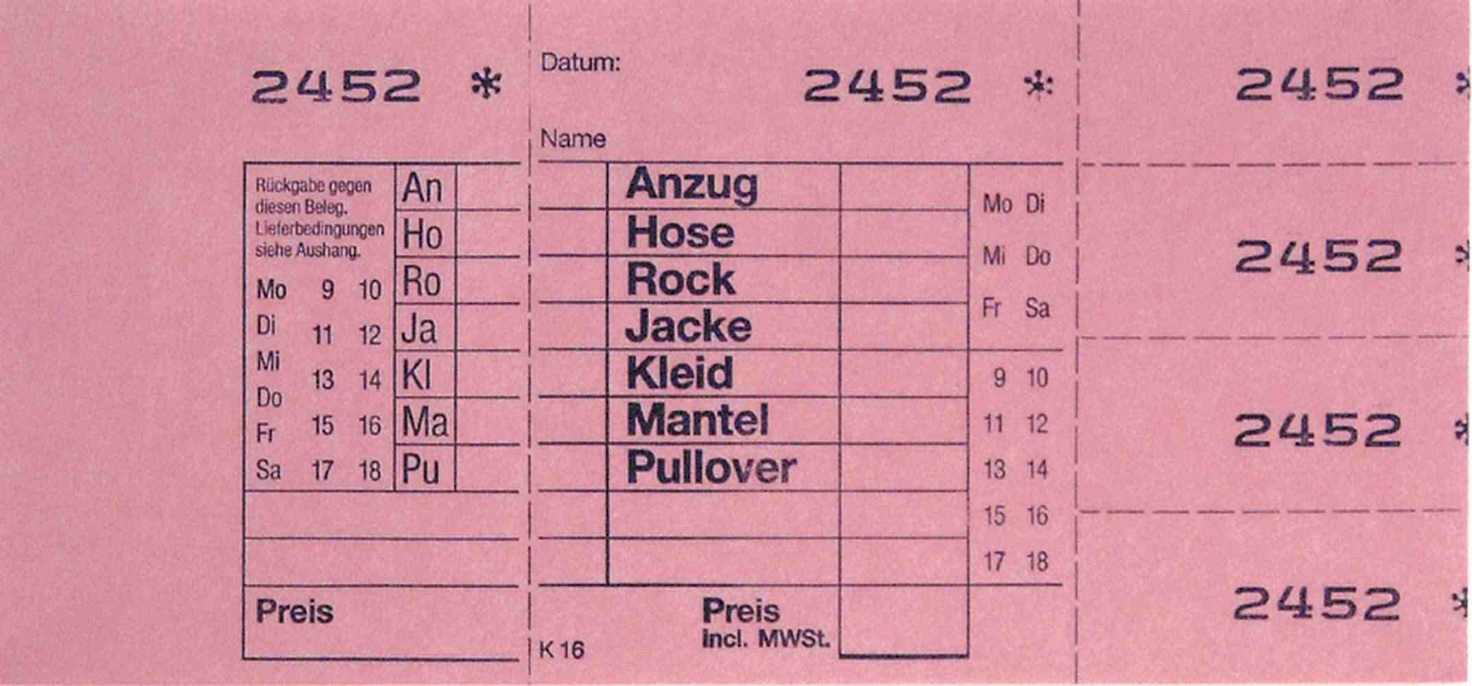 Annahmeblock Kombi 16, rosa, Mindestmenge 