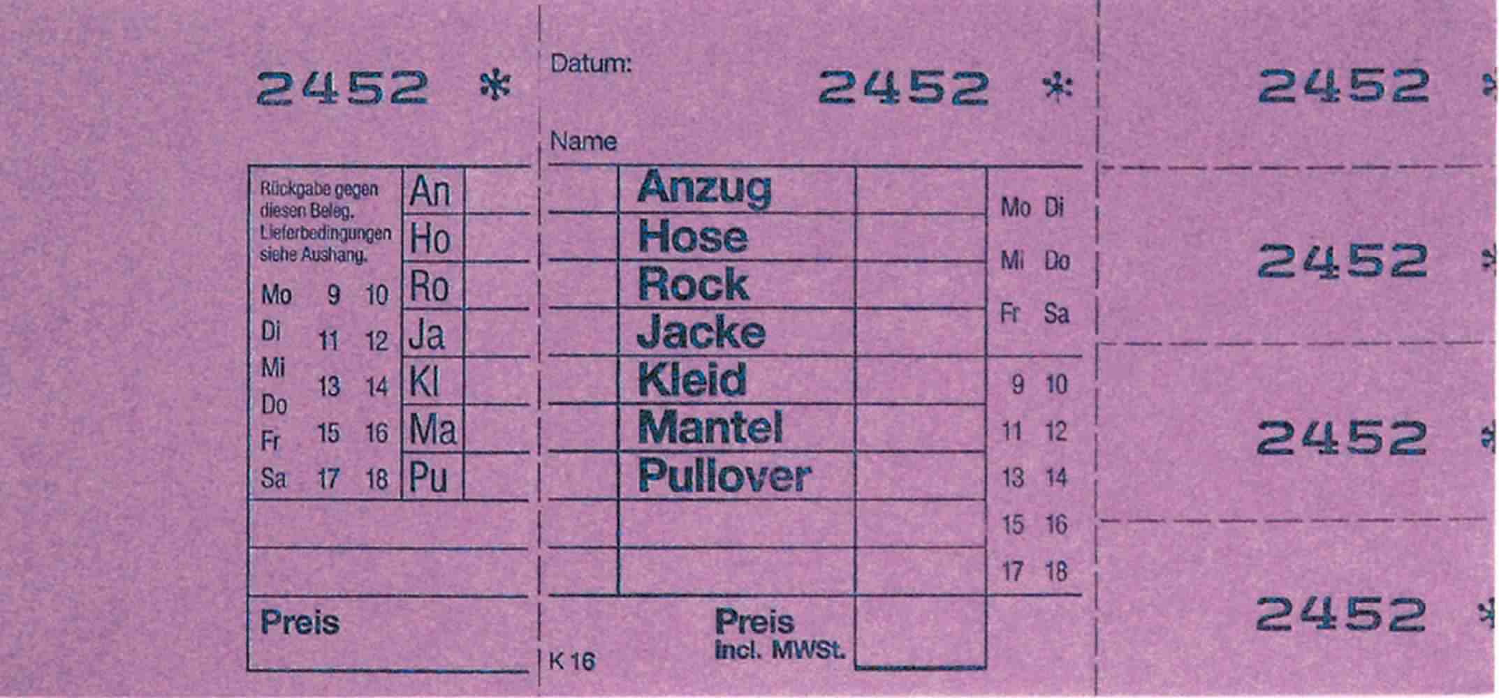 Annahmeblock Kombi 16, lila, Mindestmenge 