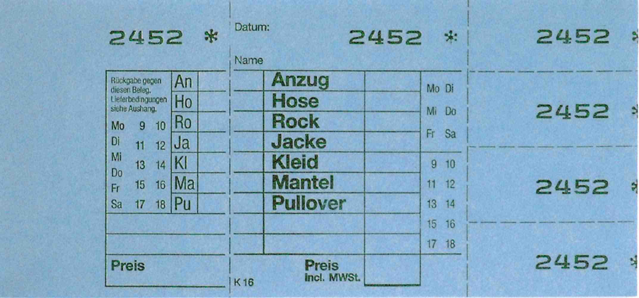 Annahmeblock Kombi 16, blau, Mindestmenge 