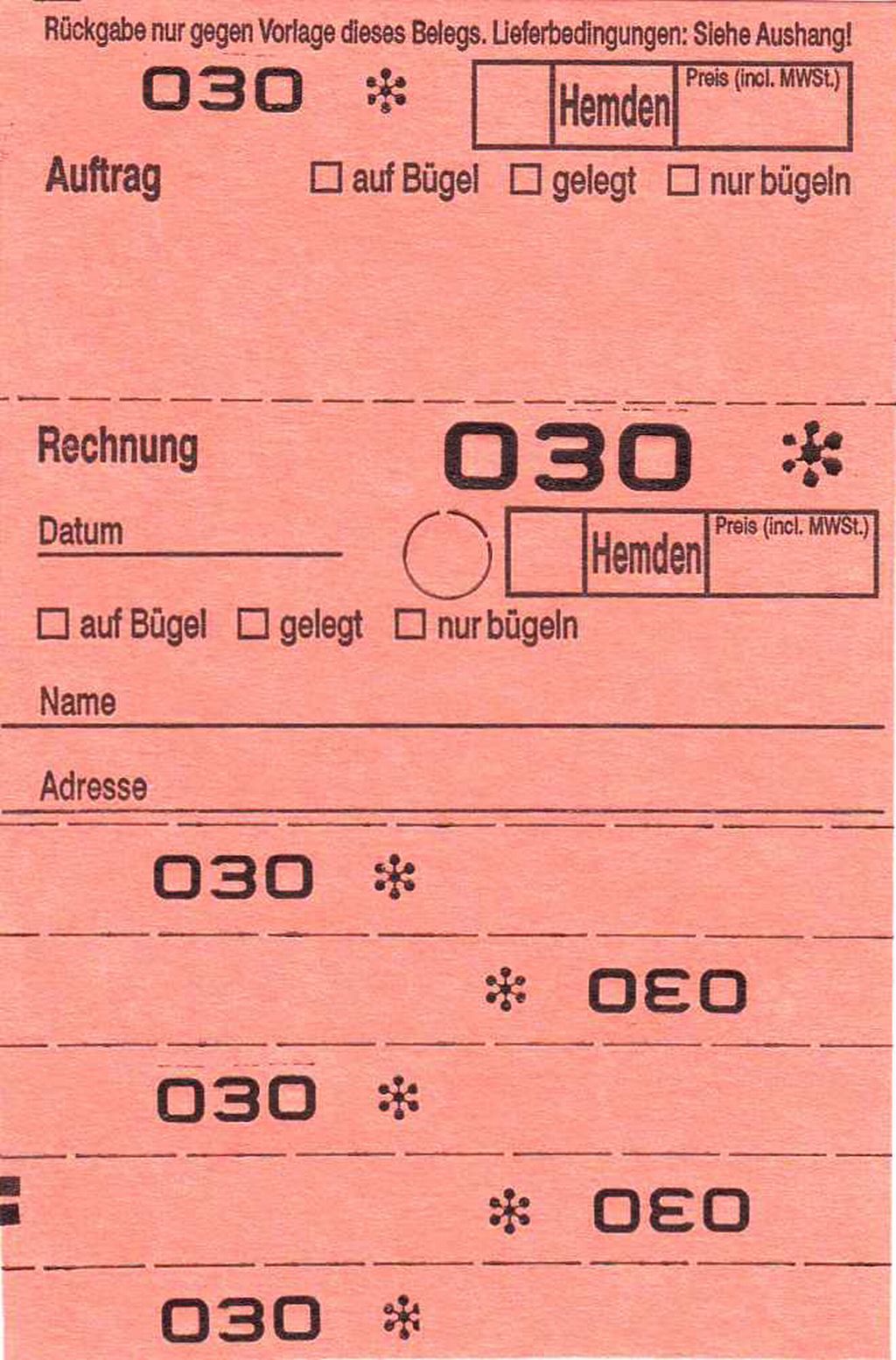 Annahmeblock OHD für Hemden, mit Lochstanzung 