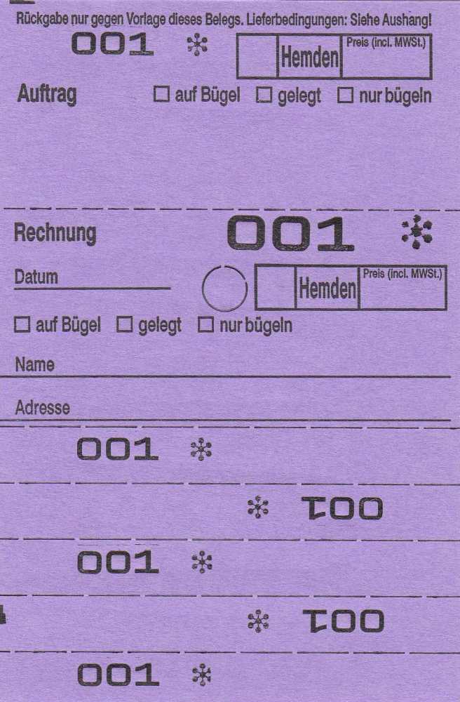 Annahmeblock OHD für Hemden, mit Lochstanzung 