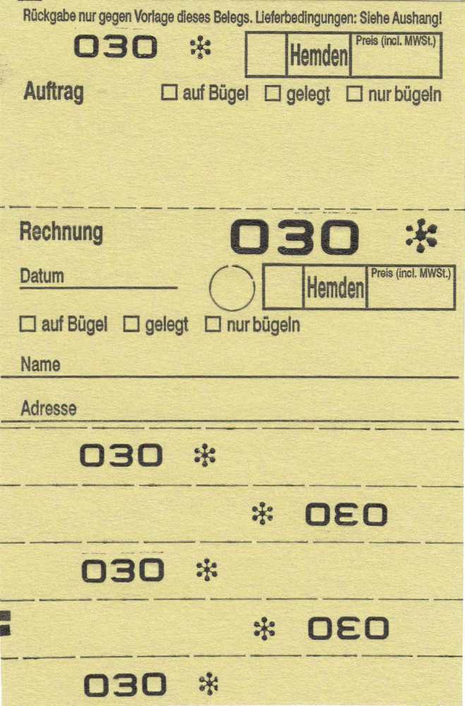 Annahmeblock OHD für Hemden, mit Lochstanzung 