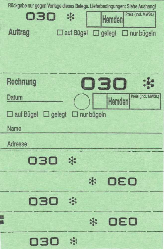 Annahmeblock OHD für Hemden, mit Lochstanzung 