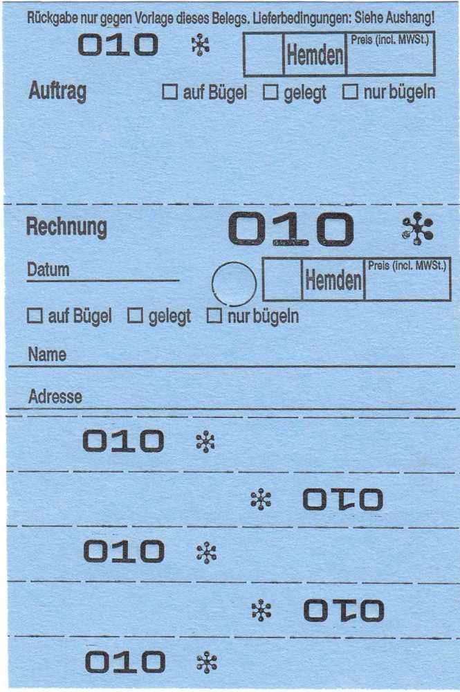 Annahmeblock OHD für Hemden, mit Lochstanzung 