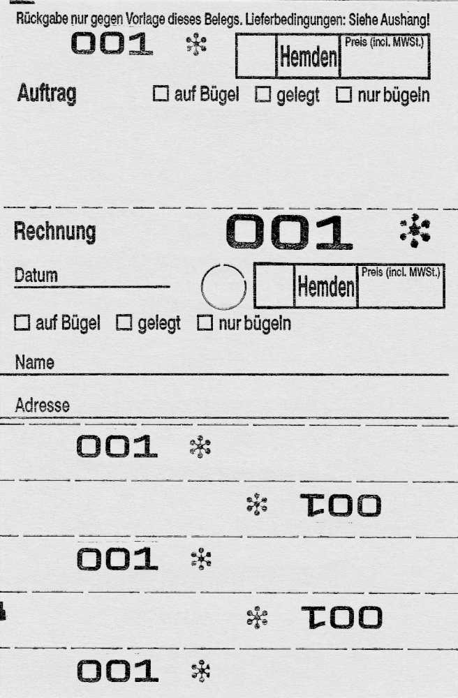 Annahmeblock OHD für Hemden, mit Lochstanzung 