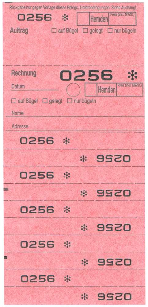 Annahmeblock OHD für Hemden, mit Lochstanzung 