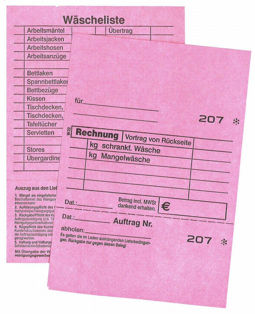 Wäscheannahmekarte W22, lose, rosa 